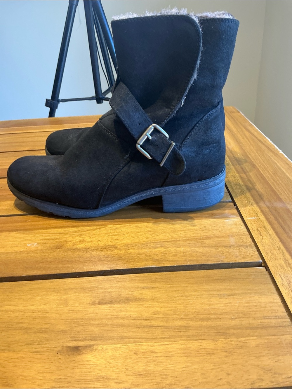 White Mountain Black Faux Suede Faux Fur Ankle Booties with Buckle - Picture 10 of 10